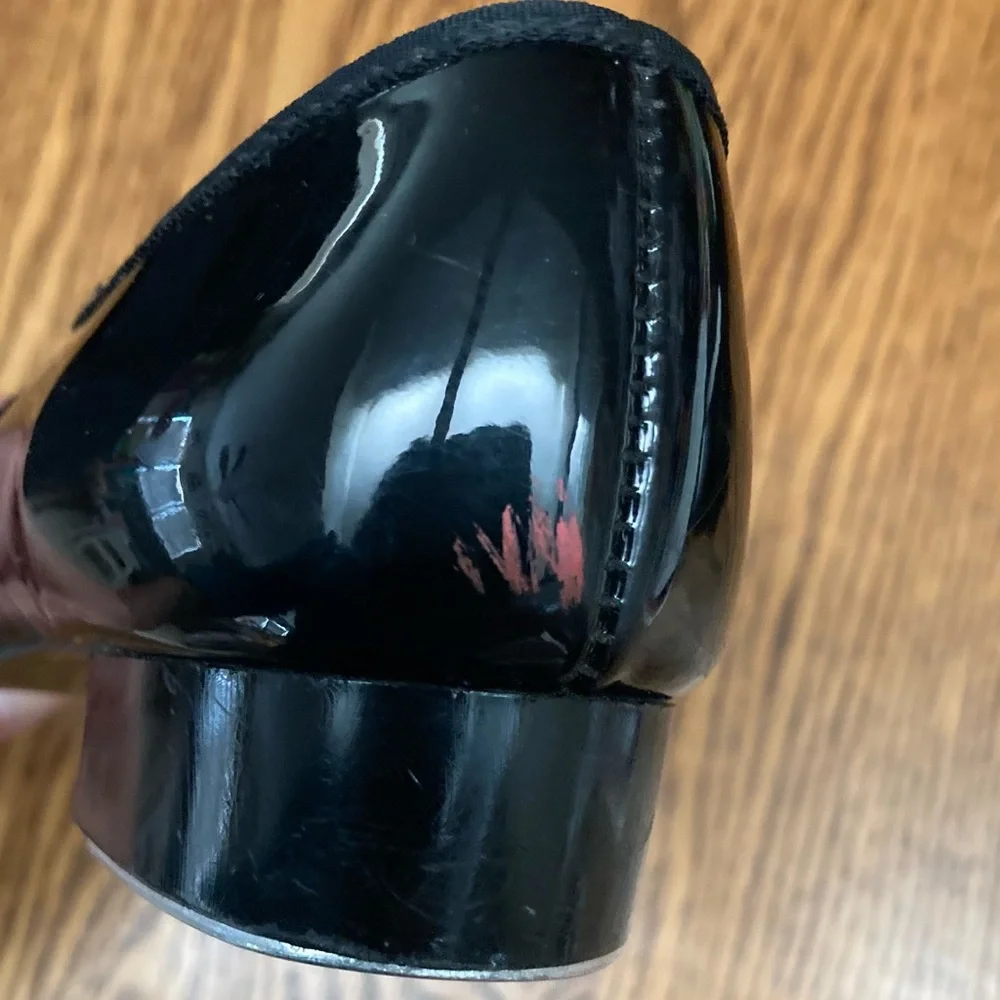 Black Faux Patent Leather Mary Jane Tap Shoes with Silver Bows